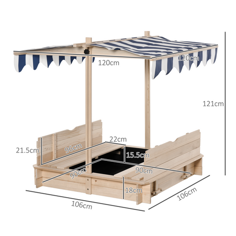 Kids Square Wooden Sandpit Children Cabana Sandbox Outdoor Playset