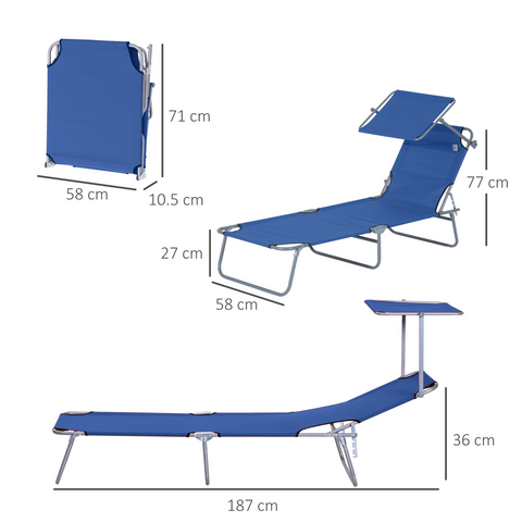 Reclining Chair Folding Lounger Seat & Sun Shade Awning Beach, Blue