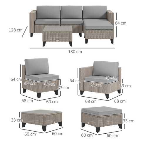 Outsunny 5 PCs Rattan Garden Furniture Set with Glass Coffee Table, Brown