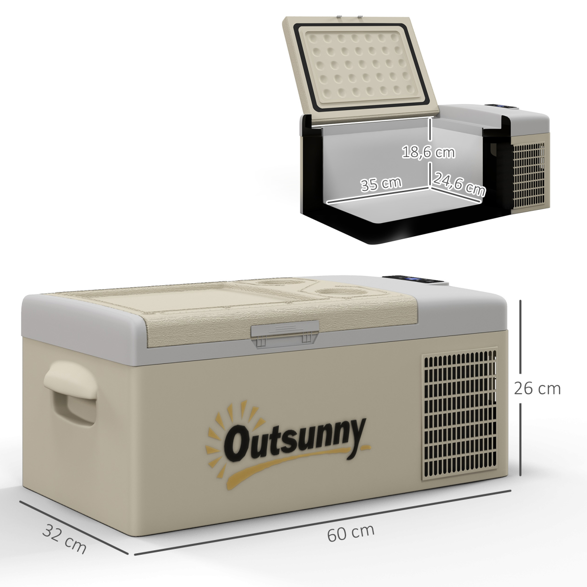 Outsunny 16L Car Refrigerator Fridge Freezer, 12/24V DC and 100-240V AC, Khaki