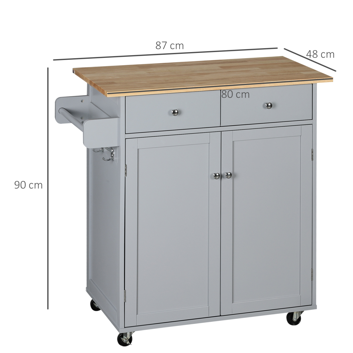 Rolling Kitchen Cart with Rubber Wood Top, Towel Rack, Hooks and Drawers Grey