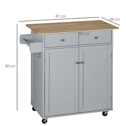 Rolling Kitchen Cart with Rubber Wood Top, Towel Rack, Hooks and Drawers Grey