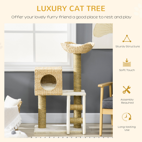 Cat Tree Kitten Tower Cattail Weave w/ Scratching Posts, Bed, House Pawhut