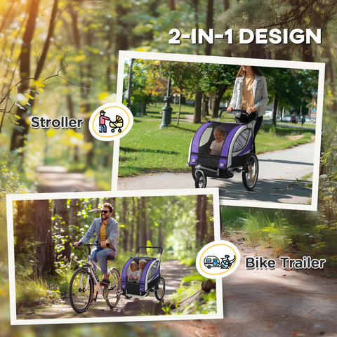 HOMCOM 2 Seat Child Bike Trailer, Baby Bicycle Trailer for 2 Kids, Purple