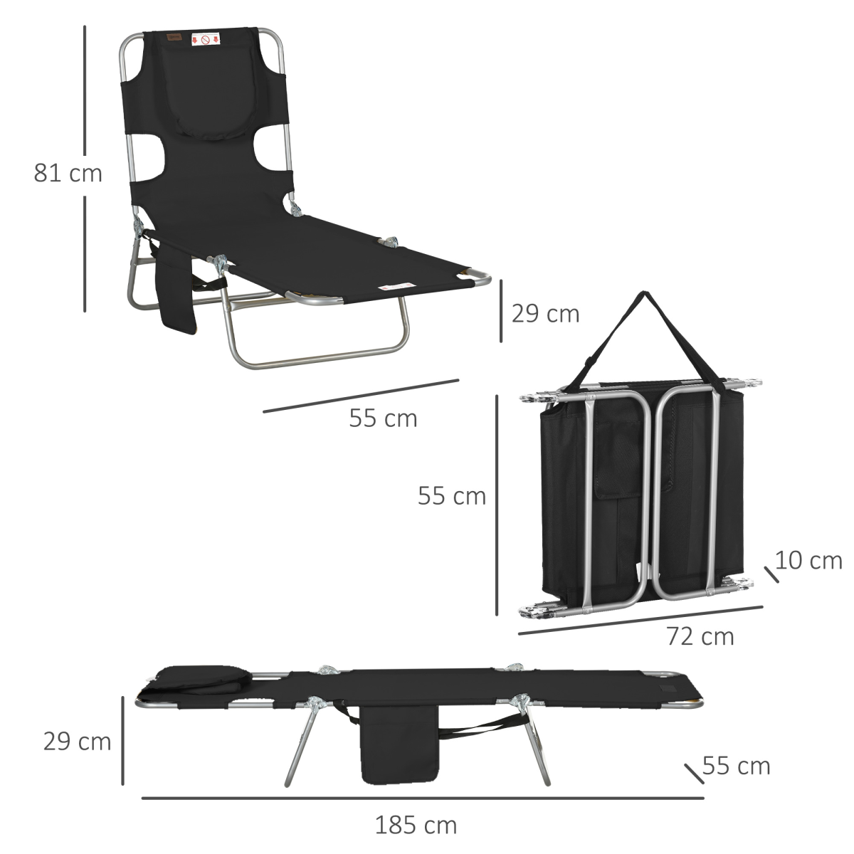 Patio Foldable Sun Lounger 5 Level Adjustable Reclining Chair Black