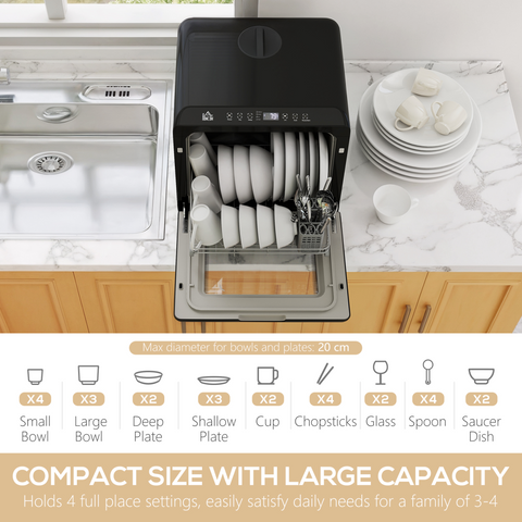 HOMCOM Countertop Dishwasher with Dual Water Supply and 6 Programs, Black