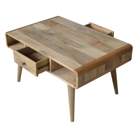 Artisan Furniture Solid Wood Curved Oak-ish Coffee Table, Beige, 2Drawers