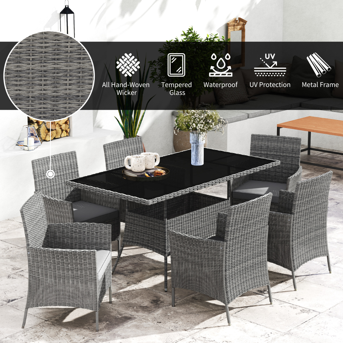 Outsunny Rattan Dining Set for 6 with Cushions, Glass Top Table