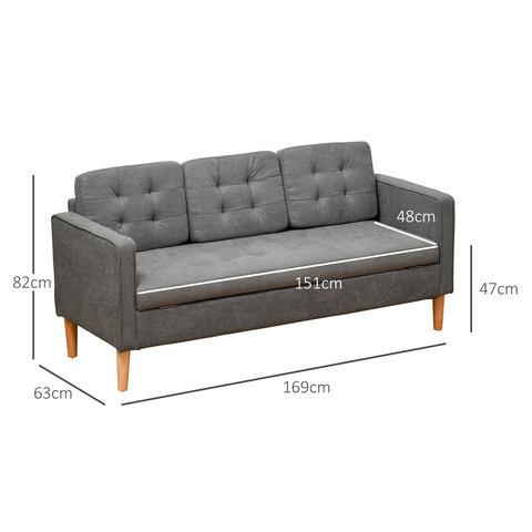 3-Seater Sofa Button-Tufted Fabric Couch with Hidden Storage, Rubberwood Legs