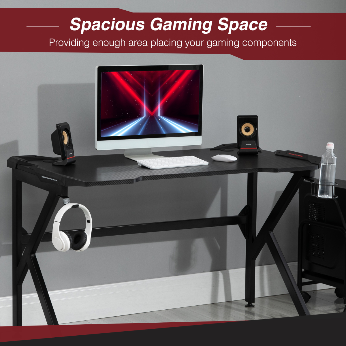 Spacious Gaming Desk Home Racing w/ Steel Frame Cup Headphone Holder Hook