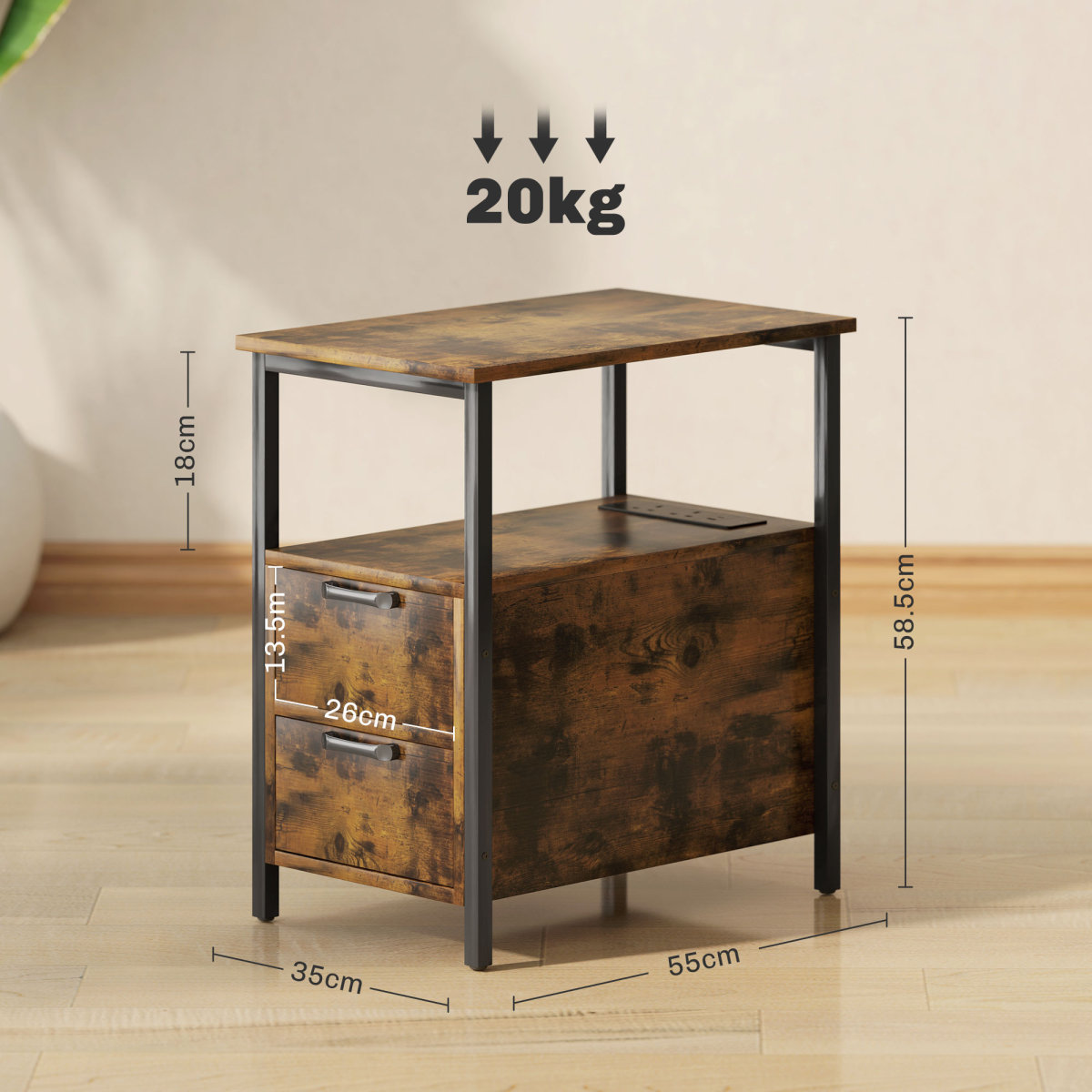 HOMCOM Bedside Table with Charging Station for Living Room, Rustic Brown