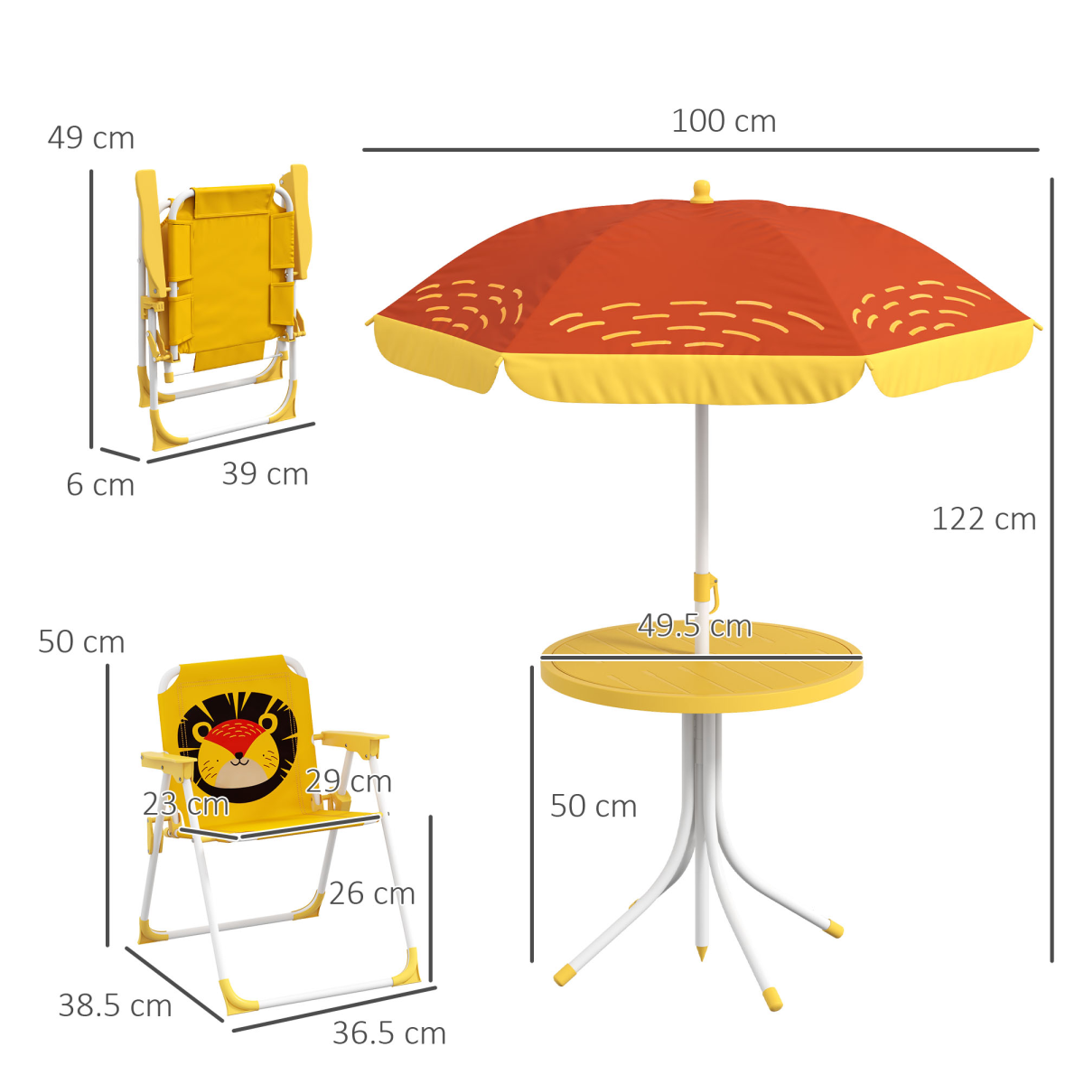 Outsunny Kids Bistro Table and Chair Set with Lion Theme, Adjustable Parasol