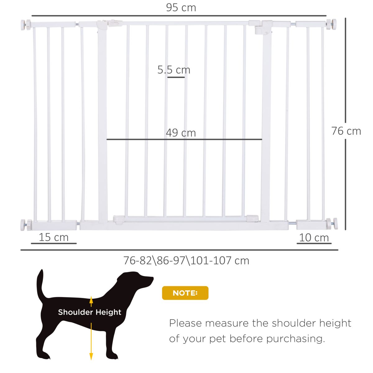 Pressure Fit Dog Gate Pet Barrier for stairs doorway, 76-107cm Width White