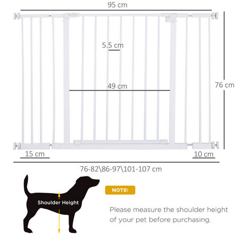 Pressure Fit Dog Gate Pet Barrier for stairs doorway, 76-107cm Width White