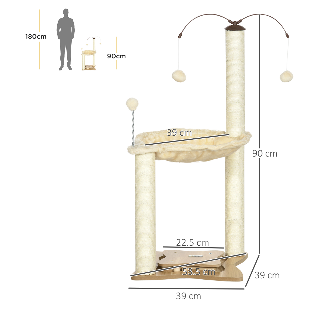 Cat Tree for Indoor Cats w/ Scratching Posts Hammock, Toy Ball - Beige Pawhut