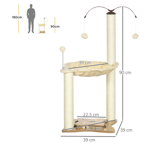 Cat Tree for Indoor Cats w/ Scratching Posts Hammock, Toy Ball - Beige Pawhut