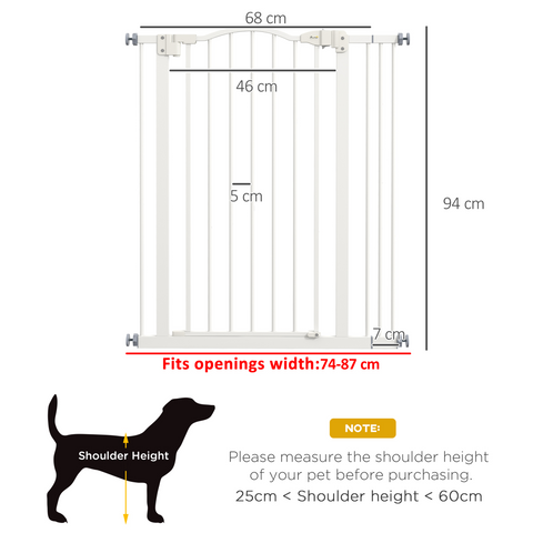 PawHut 74-87cm Adjustable Metal Pet Gate Safety Barrier w/ Auto-Close Door White