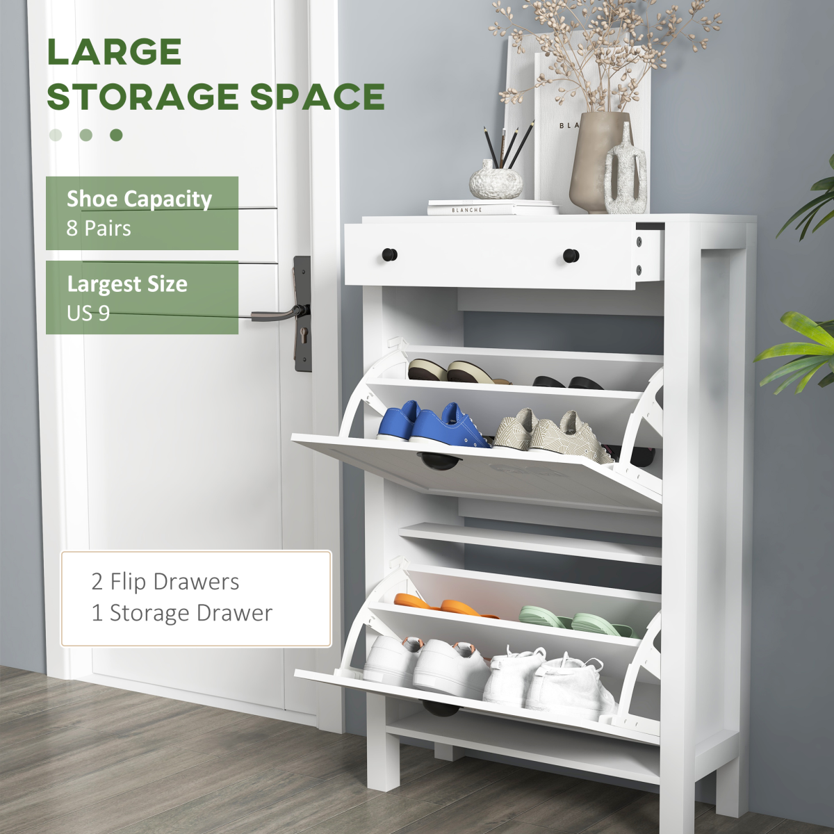 HOMCOM Narrow Shoe Cabinet with 2 Flip Drawers and Top Drawer, White