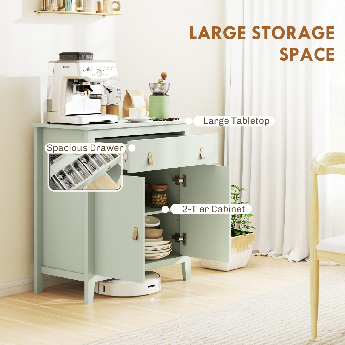 HOMCOM Sideboard with Drawer, Adjustable Shelf for Living Room, Light Green