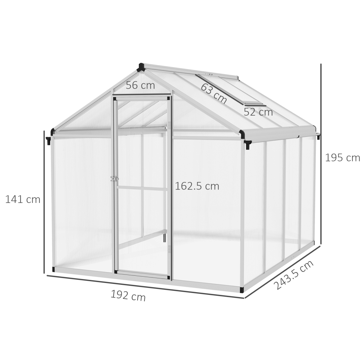 Outsunny 8x6ft Aluminium Greenhouse with/ Door Window Galvanised Base PC Panel