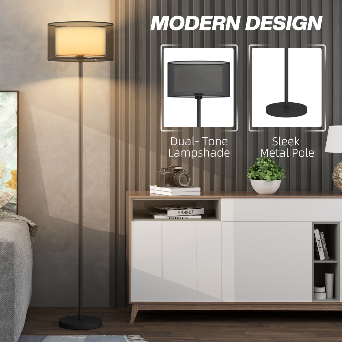 HOMCOM Modern Standing Lamp with Double Layer Shade & Foot Switch, Black