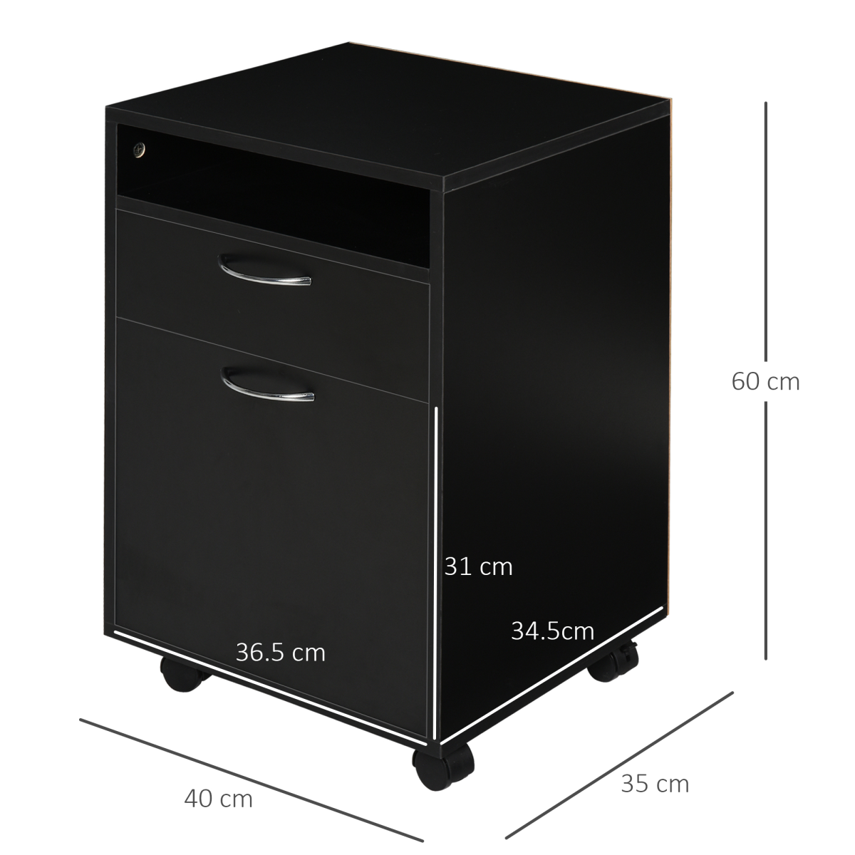 HOMCOM 60cm Storage Cabinet w/ Drawer Open Shelf Metal Handles 4 Wheels Black