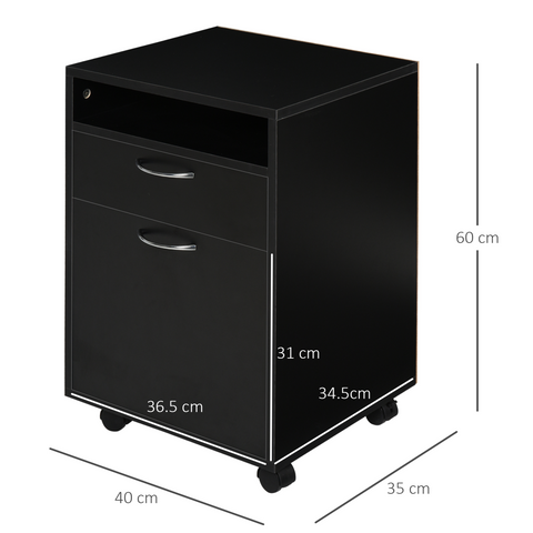 HOMCOM 60cm Storage Cabinet w/ Drawer Open Shelf Metal Handles 4 Wheels Black