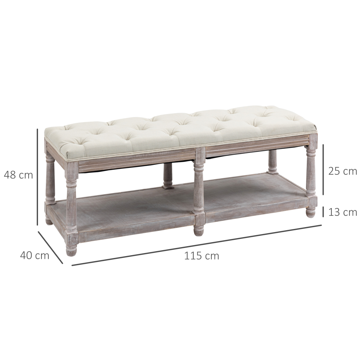 HOMCOM 2-Tier Bed End Bench, Vintage Stool Button Tufted Seat Cream White