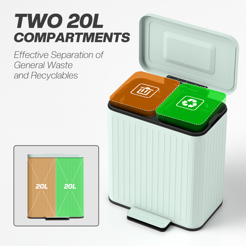 HOMCOM 2 x 20L Double Rubbish Bin, Pedal Bin with Soft-Close Lid, Green