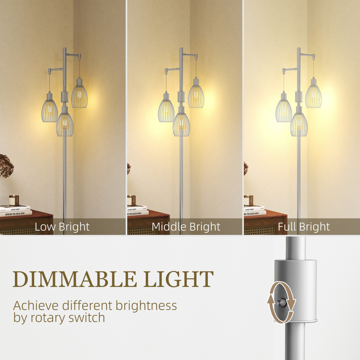 HOMCOM Industrial 3-Light Floor Lamp Dimmable Standing Lamp, Silver Tone
