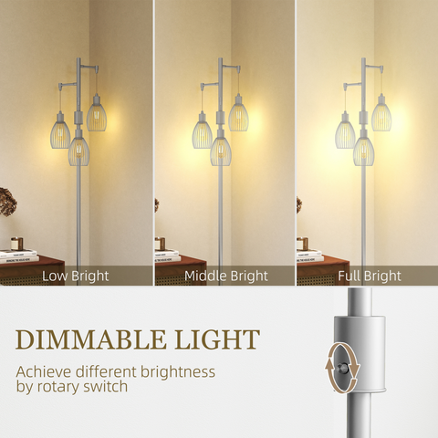 HOMCOM Industrial 3-Light Floor Lamp Dimmable Standing Lamp, Silver Tone