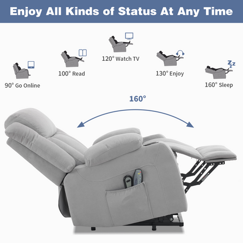 1pcs grey fabric electric elderly chair with 8-point massage belt heating 120kg indoor functional chair, UK