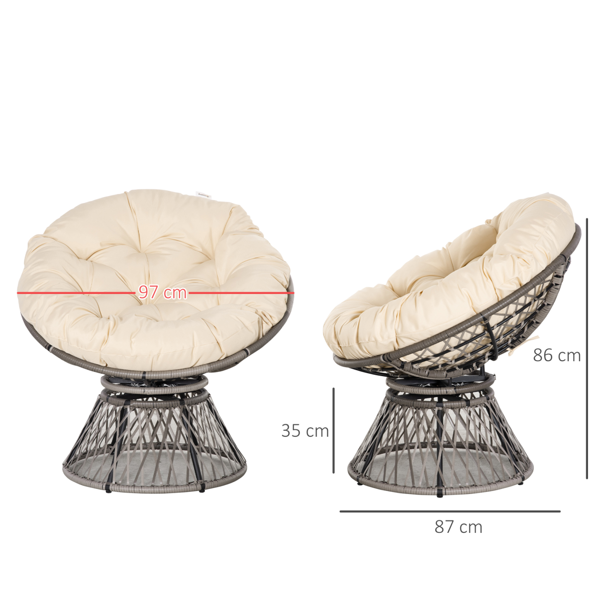 360??Swivel Rattan Papasan Moon Bowl Chair Round Outdoor w/ Padded Outsunny