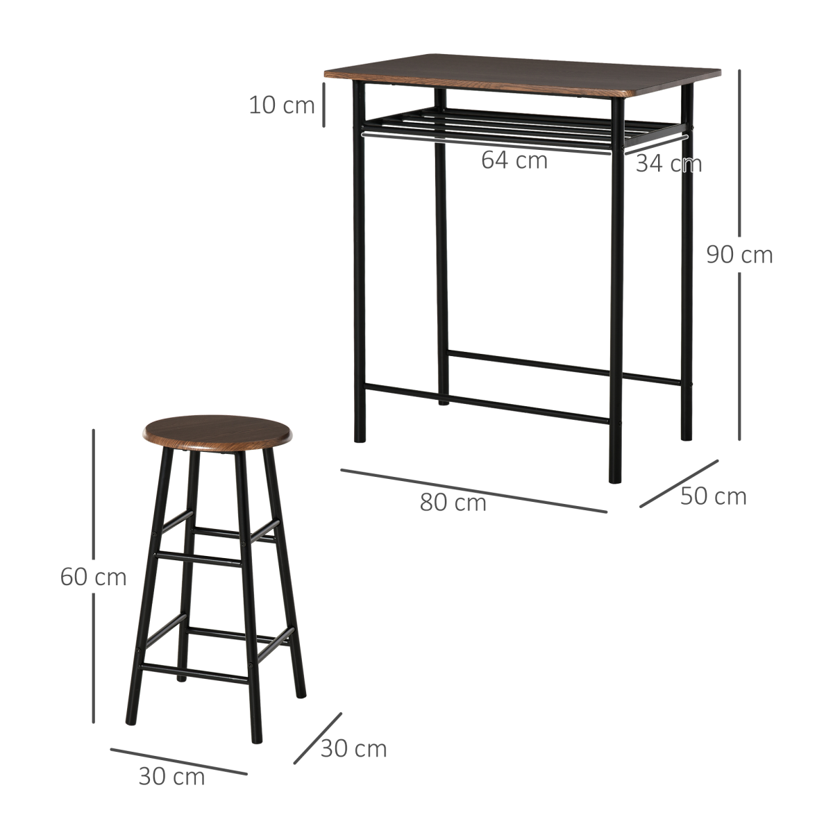 Bar Set includes 1 Bar Table and 2 Stools with Metal Frame Black and Oak