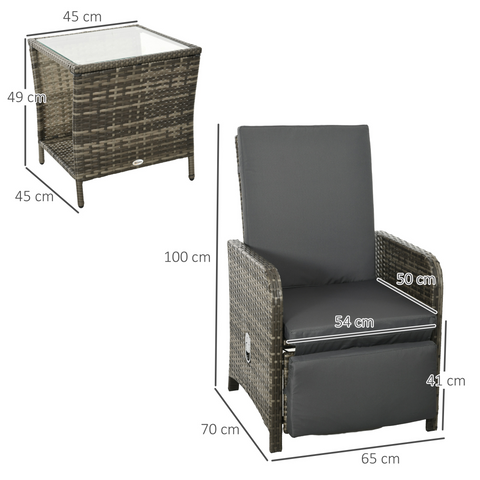 Outsunny 3 Pieces Rattan Bistro Set w/ Adjustable Backrest - Mix-Grey