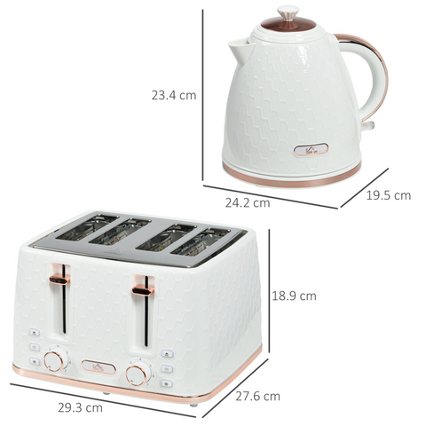 HOMCOM 1.7L Kettle and Toaster Set with Defrost, Reheat and Crumb Tray, White