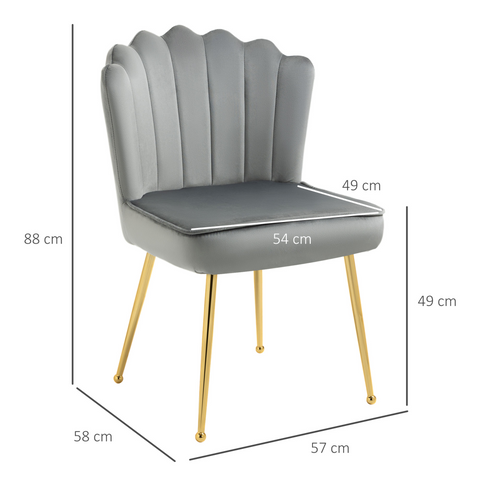 Velvet-Feel Shell Luxe Accent Chair Home Bedroom Lounge Metal Legs Grey