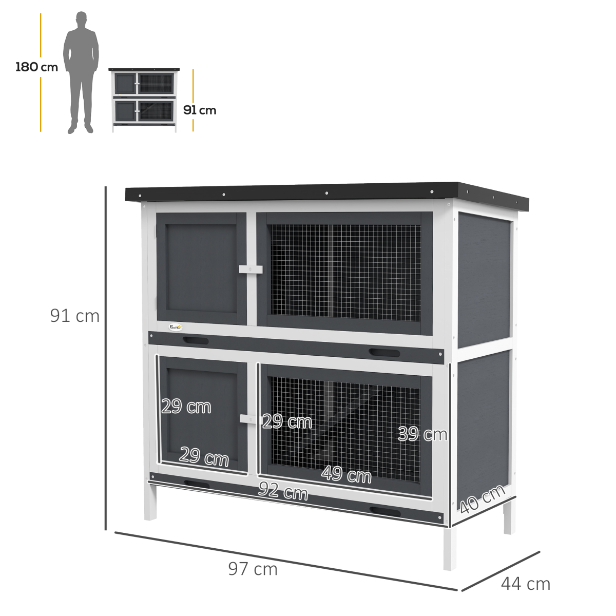 PawHut Double Decker Rabbit Hutch Bunny Cage Pet House Outdoor with Tray, Grey