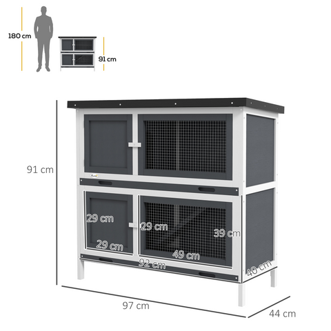 PawHut Double Decker Rabbit Hutch Bunny Cage Pet House Outdoor with Tray, Grey
