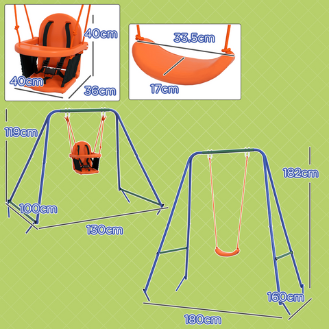 Outsunny Garden Swing Set for Toddlers, Kids with Seats, Safety Belt, Orange