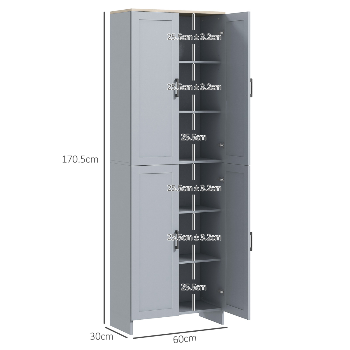 HOMCOM Modern Kitchen Cupboard Storage Cabinet with 6 Shelves, Grey