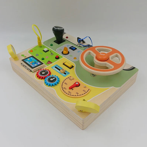Natural Wood Car Driving Steering Wheel Montessori Busy Board with LED Lights, Engine Sounds, and Key Turn, Sensory Toy for Motor Skill Cognition Game