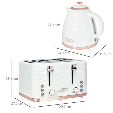HOMCOM Kettle and Toaster Set 1.7L Rapid Boil Kettle & 4 Slice Toaster White