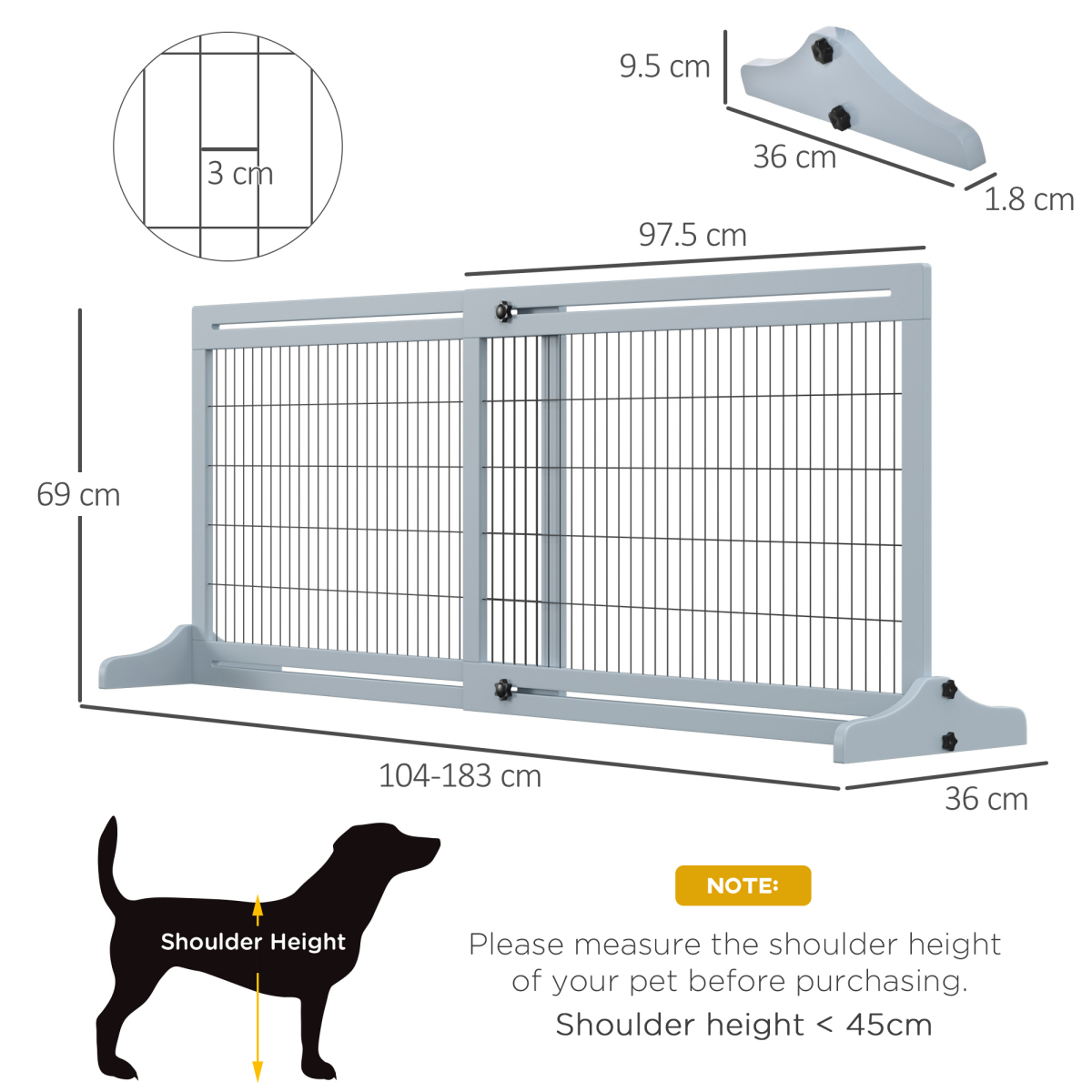Adjustable Wooden Pet Gate Freestanding Dog Barrier for Doorway, Grey Pawhut