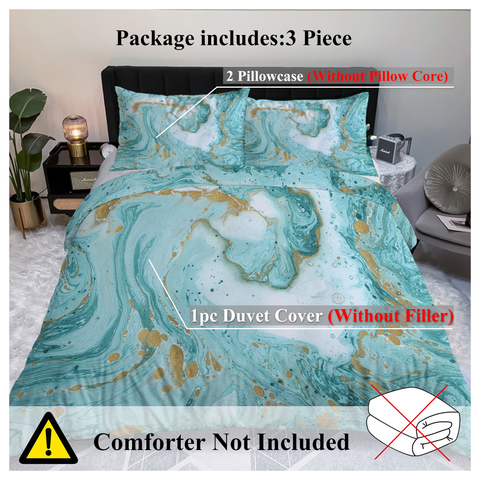 Chic Girly Marble Duvet Cover Mint Gold Glitter Turquoise Bedding Comforter Set Abstract Aqua Teel Blue Duvet Cover(Single)