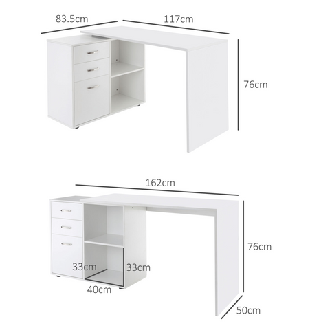 Home Office L Shape Computer Desk Workstation Drawer Shelf File Cabinet-White