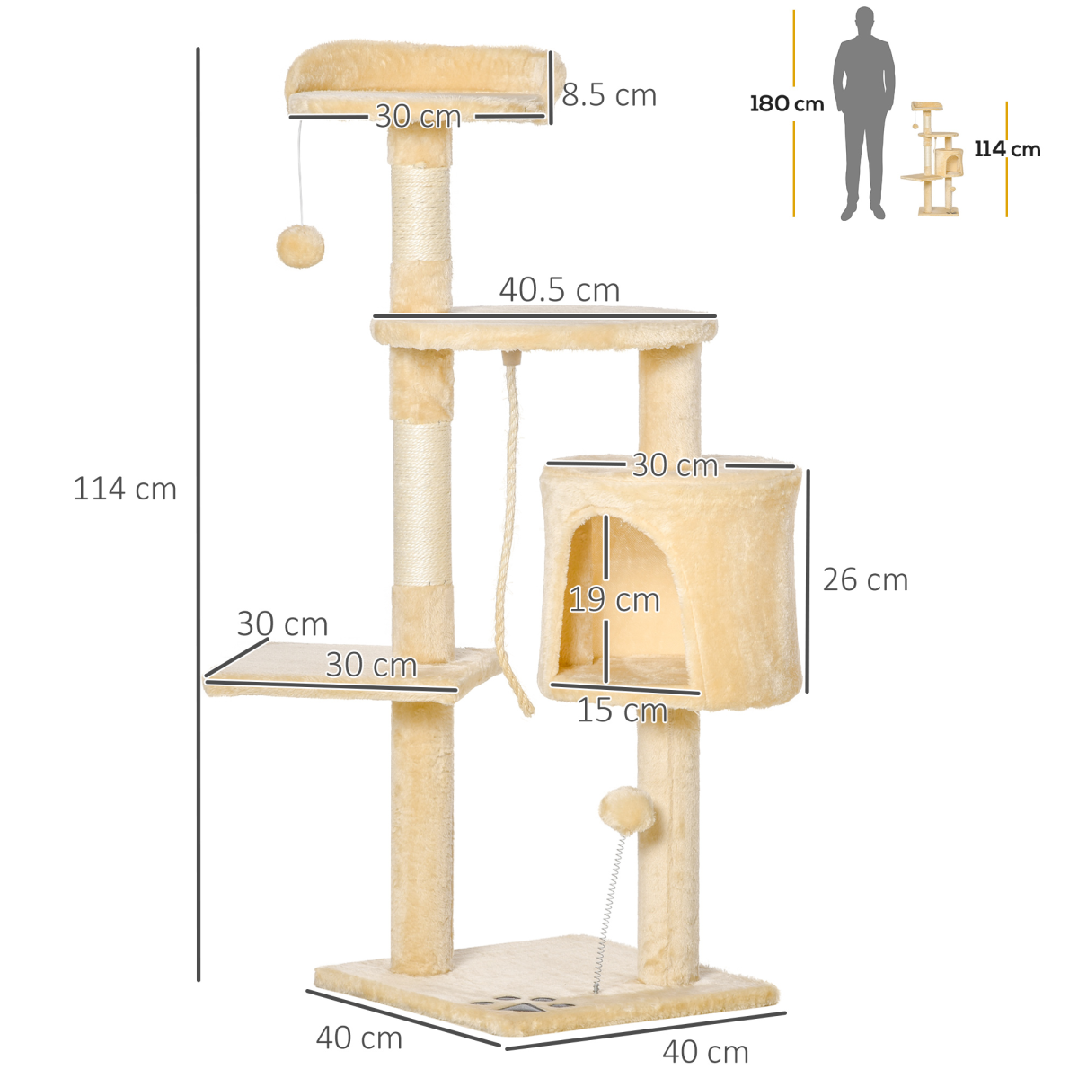 Cat Tree Activity Centre Scratching Post With Toys 4-tier Beige 114cm Pawhut