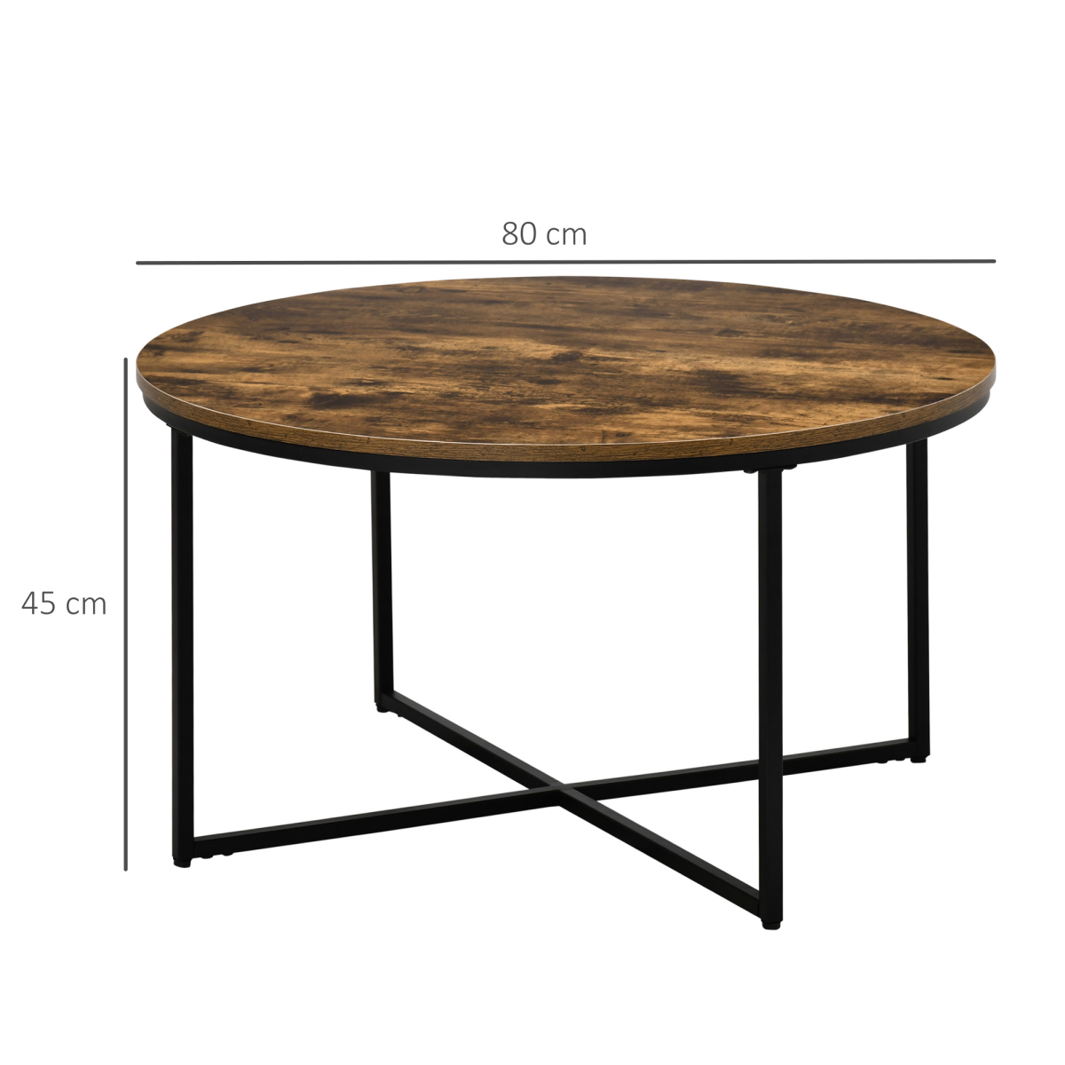 Industrial Round Side Table with Metal Frame, Large Tabletop, Rustic Brown