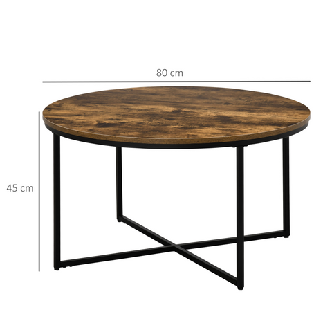 Industrial Round Side Table with Metal Frame, Large Tabletop, Rustic Brown