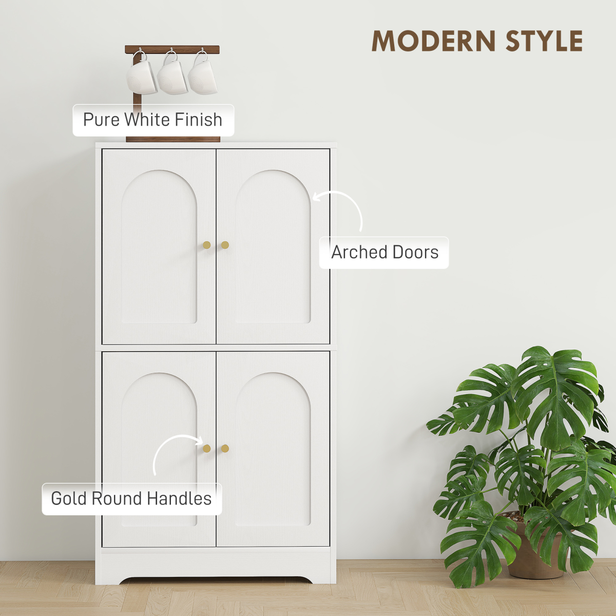 HOMCOM 110cm Kitchen Cupboard with 4 Arched Doors and 2 Adjustable Shelves